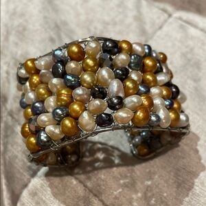 Vintage Artisan Silver Pearl Cuff Bracelet 5-8” Adjustable